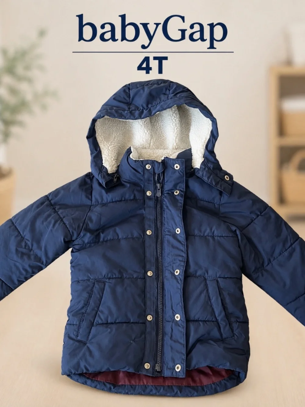 Baby Gap Boys 4T Navy Blue Puffer Winter Coat Sherpa Hood